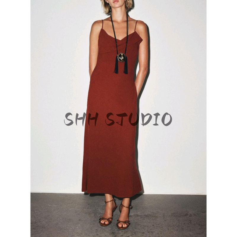 Autumn New Women's Clothing Straight Collar Open Back Ramie Blended Sling Midi Skirt Dress 3387730 8478730