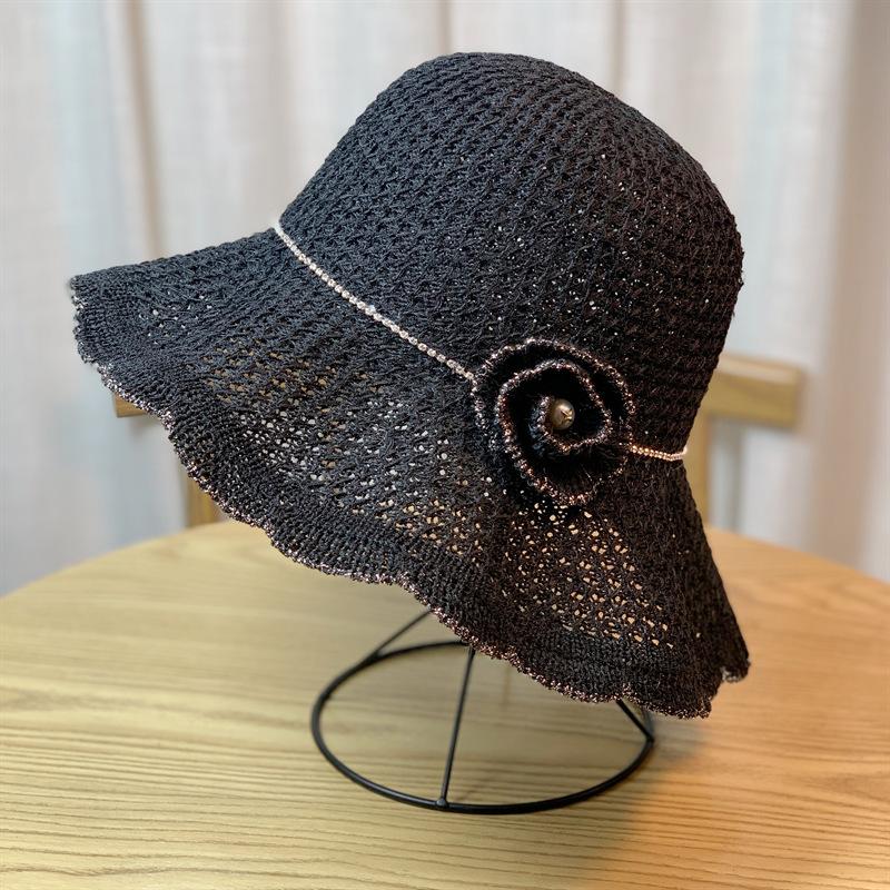 

Korean-style summer wavy edge floral hollow breathable sun-shading fisherman hat for women, suitable for spring and autumn, foldable beach sun hat Adult54-60Adjustable чёрный