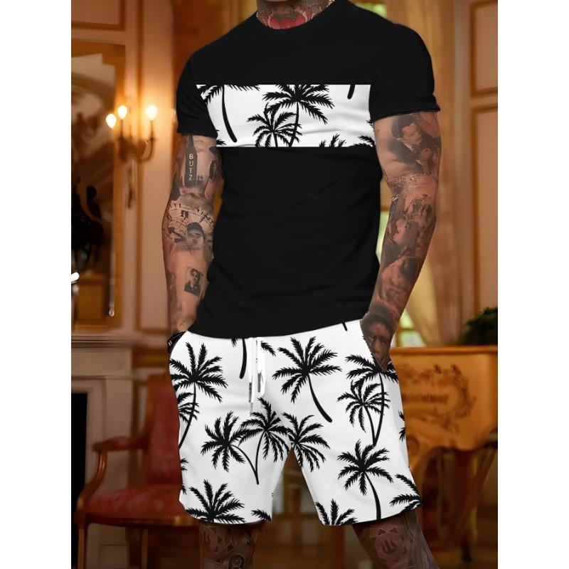 Trendy men s suit short-sleeved T-shirt + casual shorts two-piece set summer slim and fashionable S