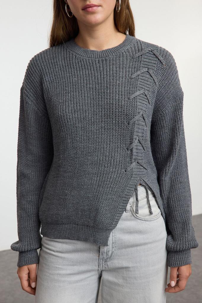 Women's Fashionable Stylish Sweater Beige Lace and Slit Detailed Crew Neck Knitwear Sweater