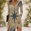 Women Criss Cross V Neck Long Sleeve Beige Printed Fitted Curved Hem Dress