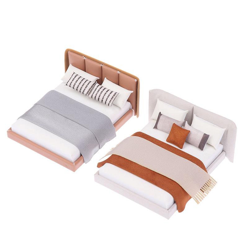 Dollhouse New Cream Style Double Bed Model Micro Scene Model Miniature Furniture Dolls Accessory Simulated Furniture Ornament