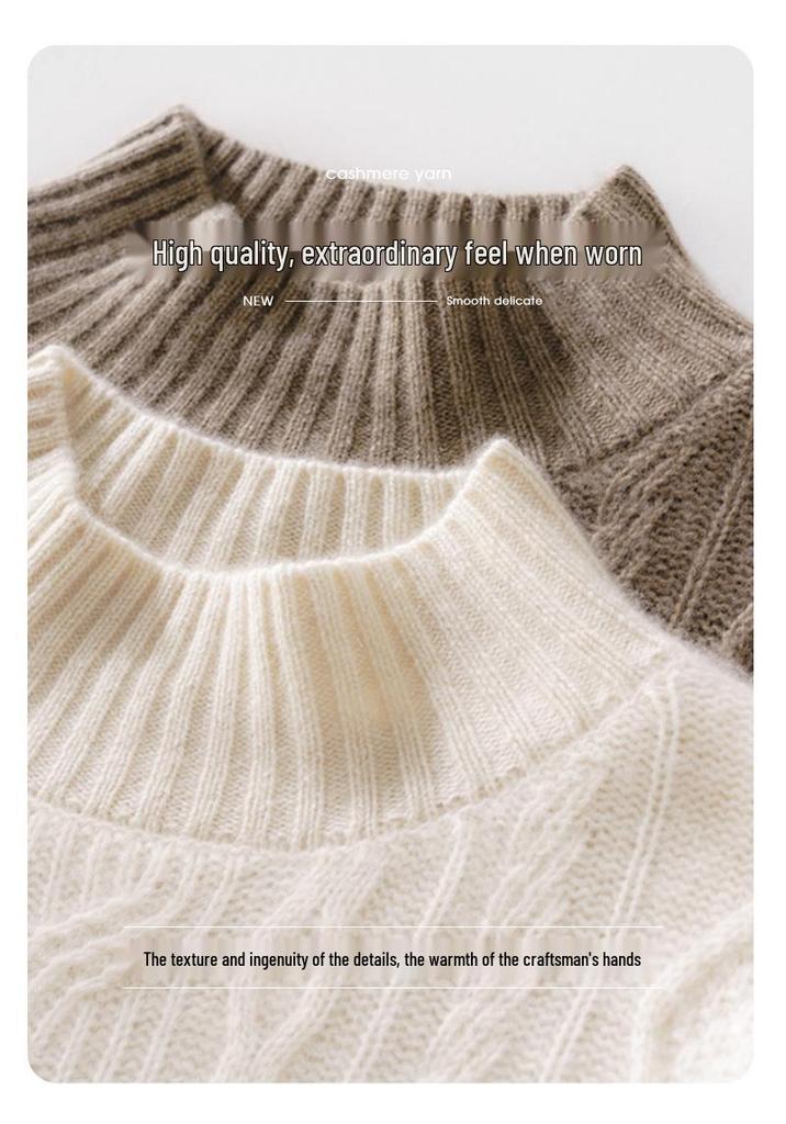 Three-Ply Solid Color Women's Cashmere Knit Base Layer - Full Body Cable Knit, Half-High Neck, Loose, Slimming Inner Wear