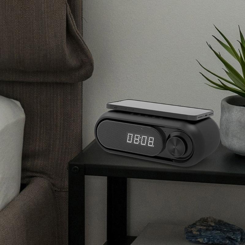 Portable Bluetooth-compatible Loudspeaker with Clock LED Time Display 15W Wireless Charging Multifunctional Digital Clock