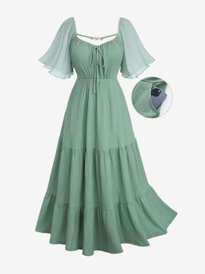 Rosegal Plus Size Chiffon Sleeves Textured Tied Butterfly Decor Strap Pocket A Line Dress