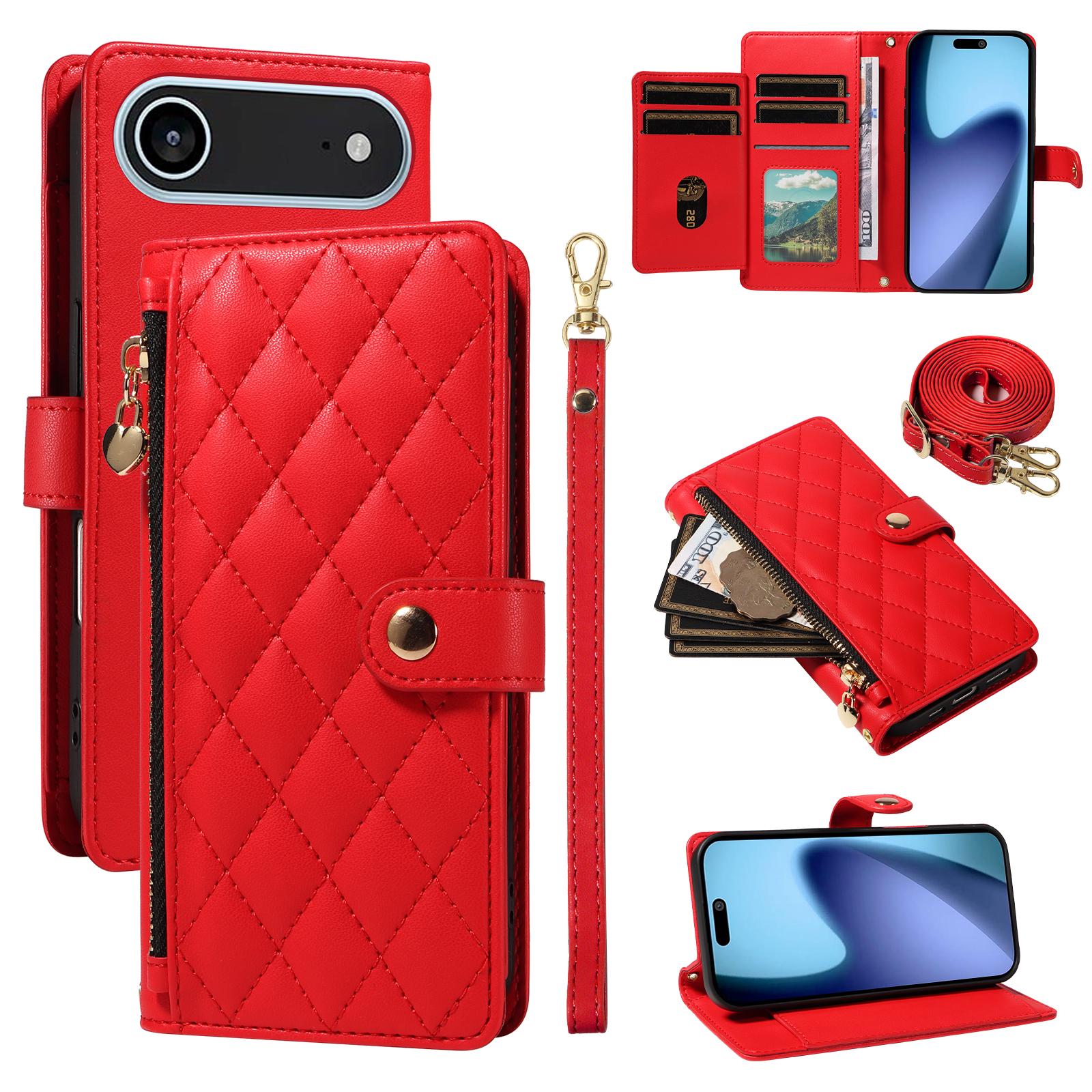 

For iPhone 17 Air Wallet Case with Straps,Rhombus Leather Stand Phone Cover Red
