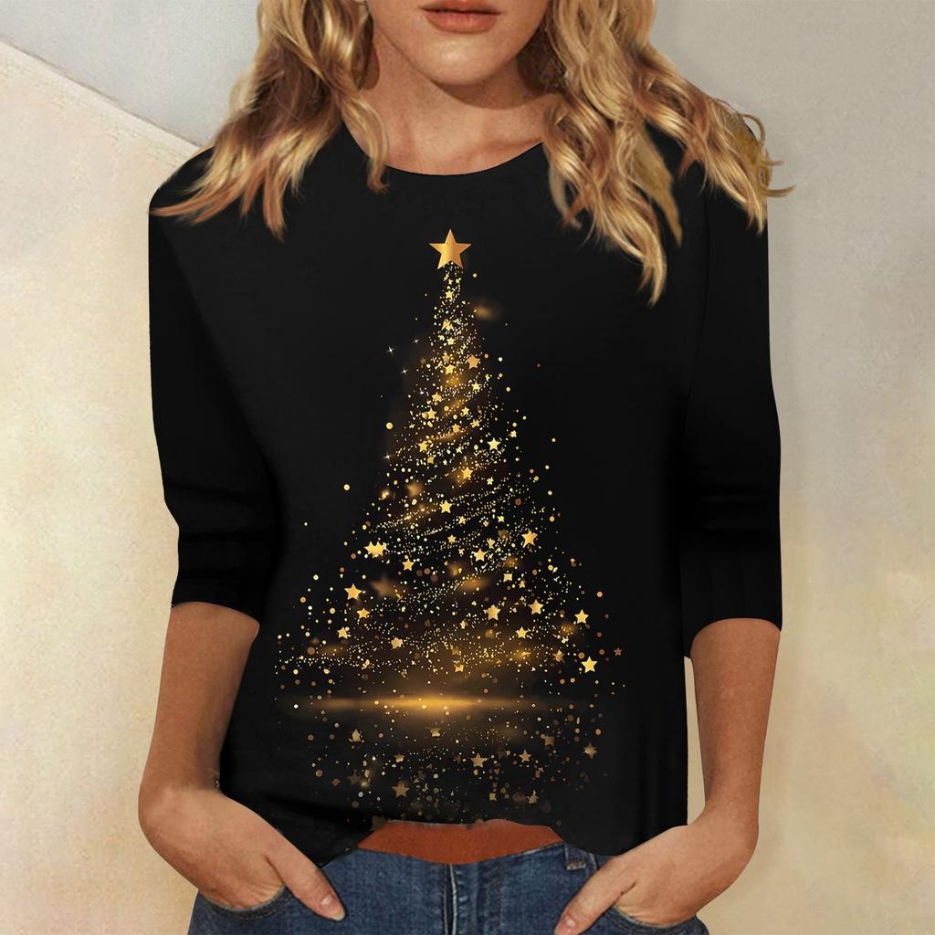 Women's Fashionable Casual Three Quarter Sleeve Christmas Printed Collar Pullover Top