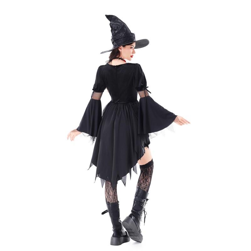 Gothic Witch Costume Women Halloween Party Dress With Hat Accessories Sexy Stage Performance Outfit