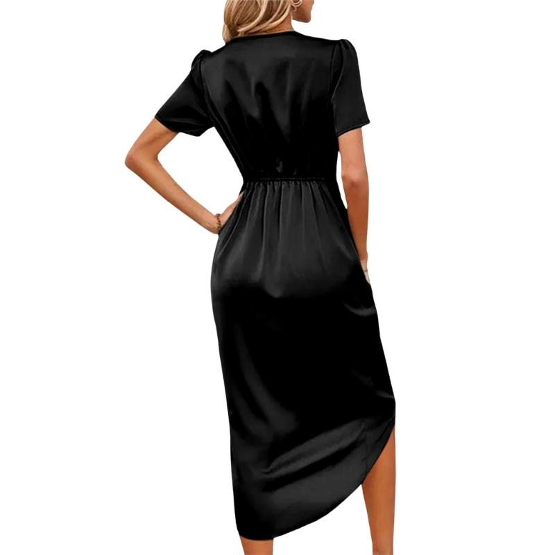 Elegant Wrap Dress for Women Satins V Neck Short Sleeve Midi Long Slit and Pleated Detail Gown for Party Gatherings