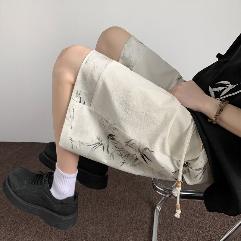 Unisex New Chinese Style Bamboo Print Patchwork Casual Shorts M белый