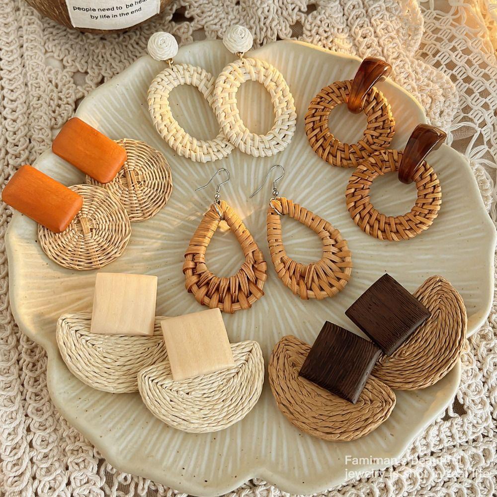 Wood Rattan Weave Earrings Round Beach Jewelry Retro Bohemian Drop Earrings  Women