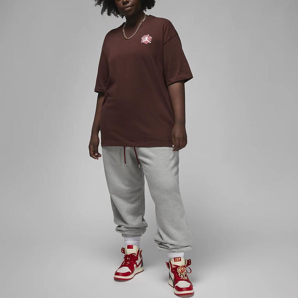 Jordan Teyana Taylor Collaboration Retro Logo Rose Embroidery Short Sleeve T-Shirt Women Tops Coffee FB2641-227