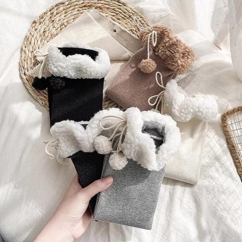 Winter Women Stockings Warm Wool Cashmere Thigh High Sock Korean Lolita Sweet Girl Cute Pompom Over Knee Long Socks