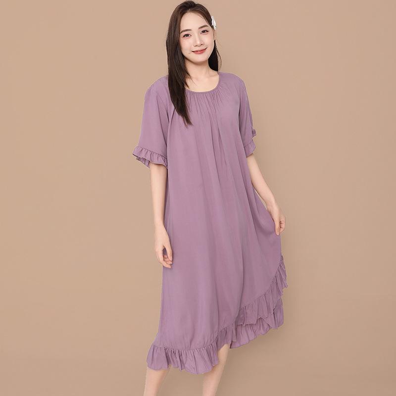 1011 spring and summer new oil painting style nightdress women's cotton and silk loose large size ruffle edge short-sleeved loungewear dress