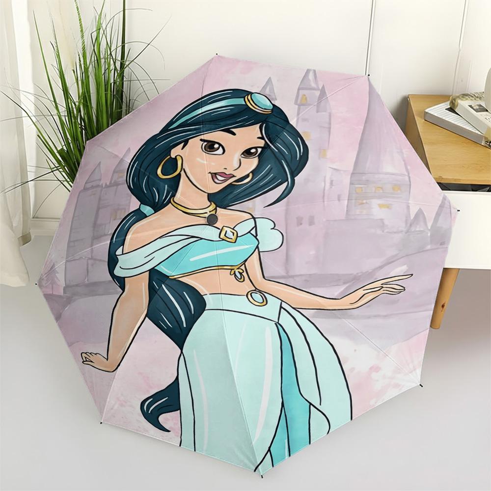 

Disney Aladdin Jasmine Watercolor Print Automatic Folding Umbrella, Portable Windproof Travel Umbrella with Princess Castle Desi (as the picture,Iron&8K)