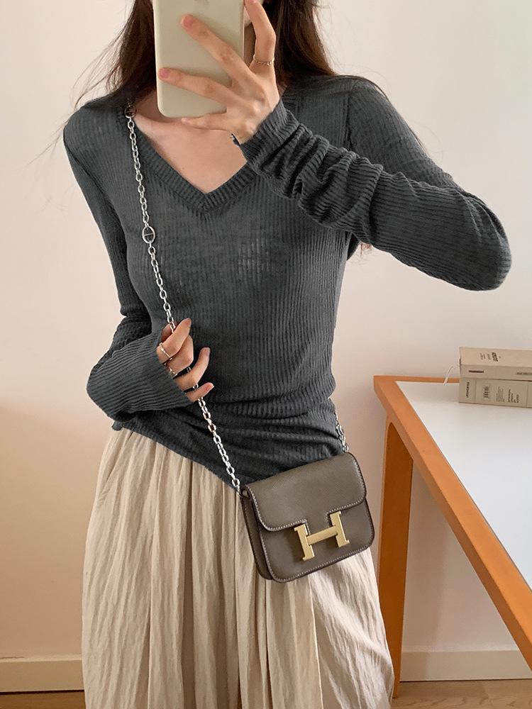 Women's Slim Fit V-Neck Sheer Long-Sleeve Knit Top - 2024 Early Autumn Design
