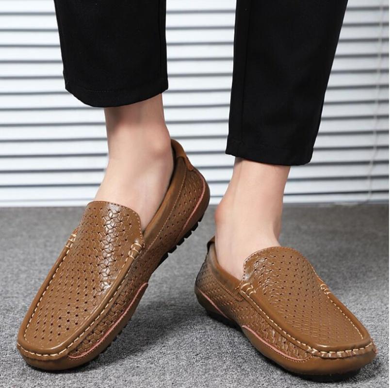 2025 Summer Men Casual Shoes Luxury Brand Genuine Leather Mens Loafers Moccasins Hollow Out Breathable Slip On Driving Shoes