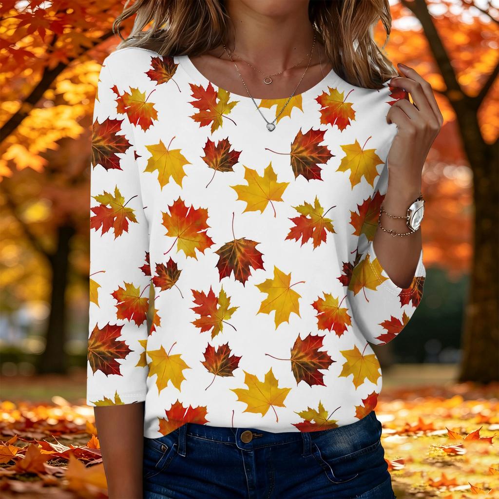 Women's Casual 3/4 Sleeve Printed Top - Maple Leaf Pattern Round Neck Blouse for Fall