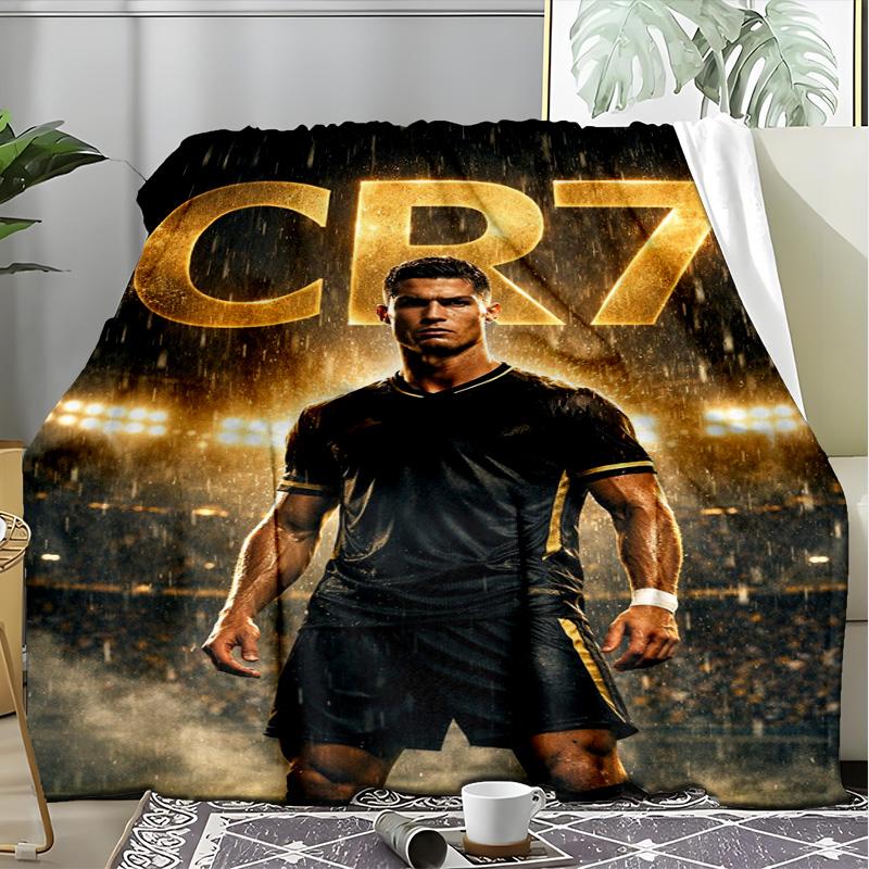 שמיכת פלנל כוכב כדורגל לוגו זהב CR7, שמיכת פינוק חמה ונעימה לעיצוב הבית, מתנה לאוהד כדורגל