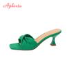 Fashion Aphixta New Summer Green Orange Women Slippers Solid Color Shoes Classic Square Toe Flip Flops Beach Med Heel Slides Mules
