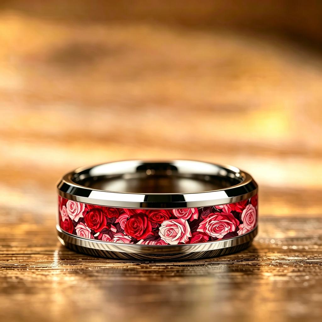Romantic Red Pink Rose Pattern Rings, 8mm Stainless Steel Couple Rings For Men Women, Wedding Band Jewelry Valentine's Day Gift