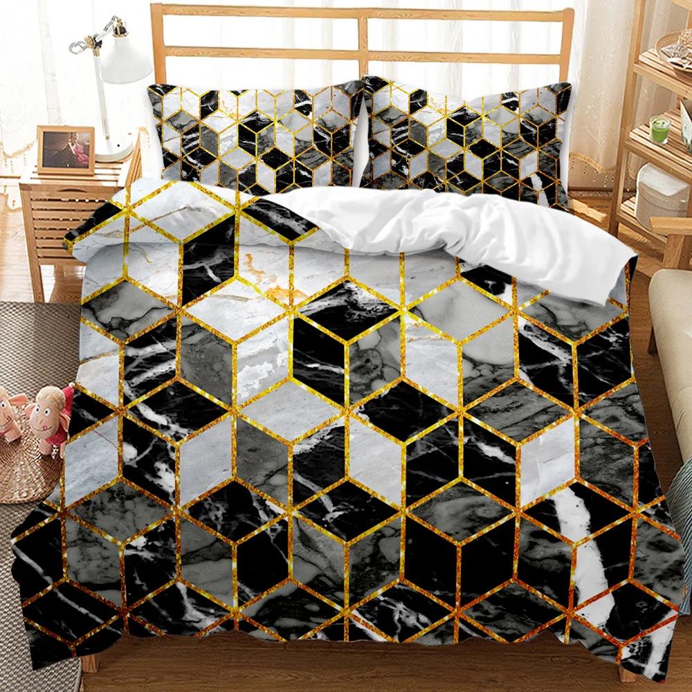 Marmor Dynetrekksett Svart Hvit Gull Abstrakt Marmortekstur Trykt Svart Hvit Dobbel Queen King Size Polyester Sengetøysett