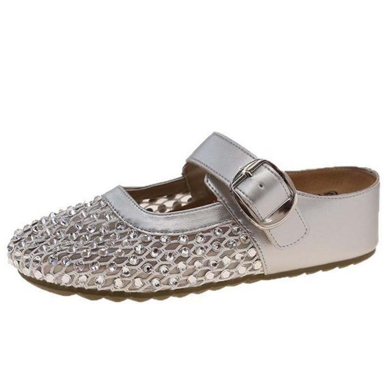 thick-soled inner height-increasing rhinestone bag head half slippers women's summer wear new fishing net shoes cool slippers single shoes