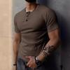 2024 Men's Semi-Tight Henley Fitness Shirt - Solid Color Striped Stretch Short Sleeve Athletic Top