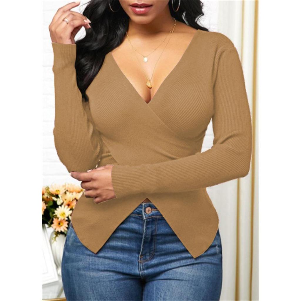 V-Neck Women's Ribbed Knit Slim Fit Cross Blouse Shirt Top