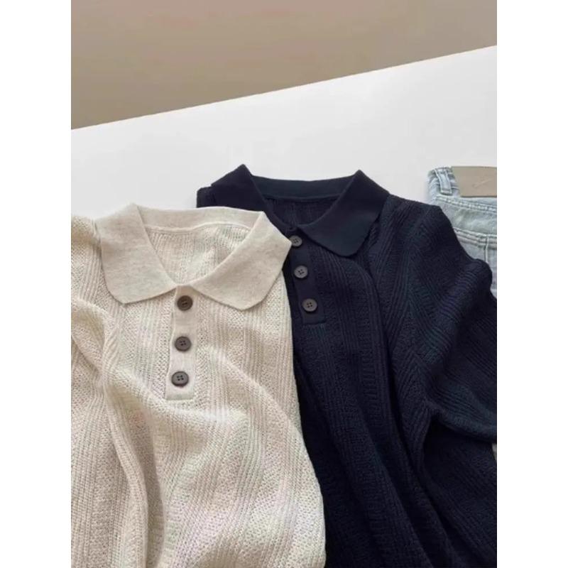 Haut d'été pour femme en maille côtelée à col polo manches courtes boutonné