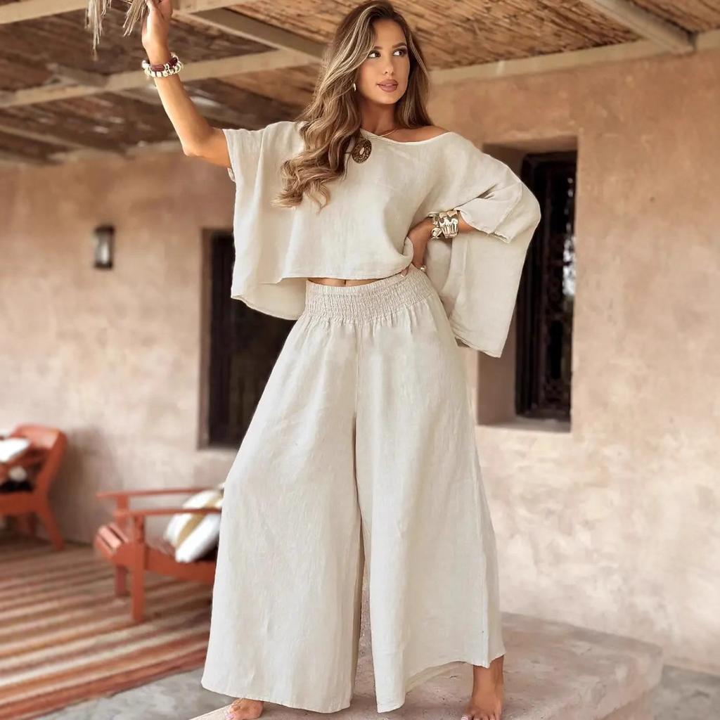 Brown Batwing Sleeve Off Shoulder Top with High Waist Wide Leg Pants Two Piece Set