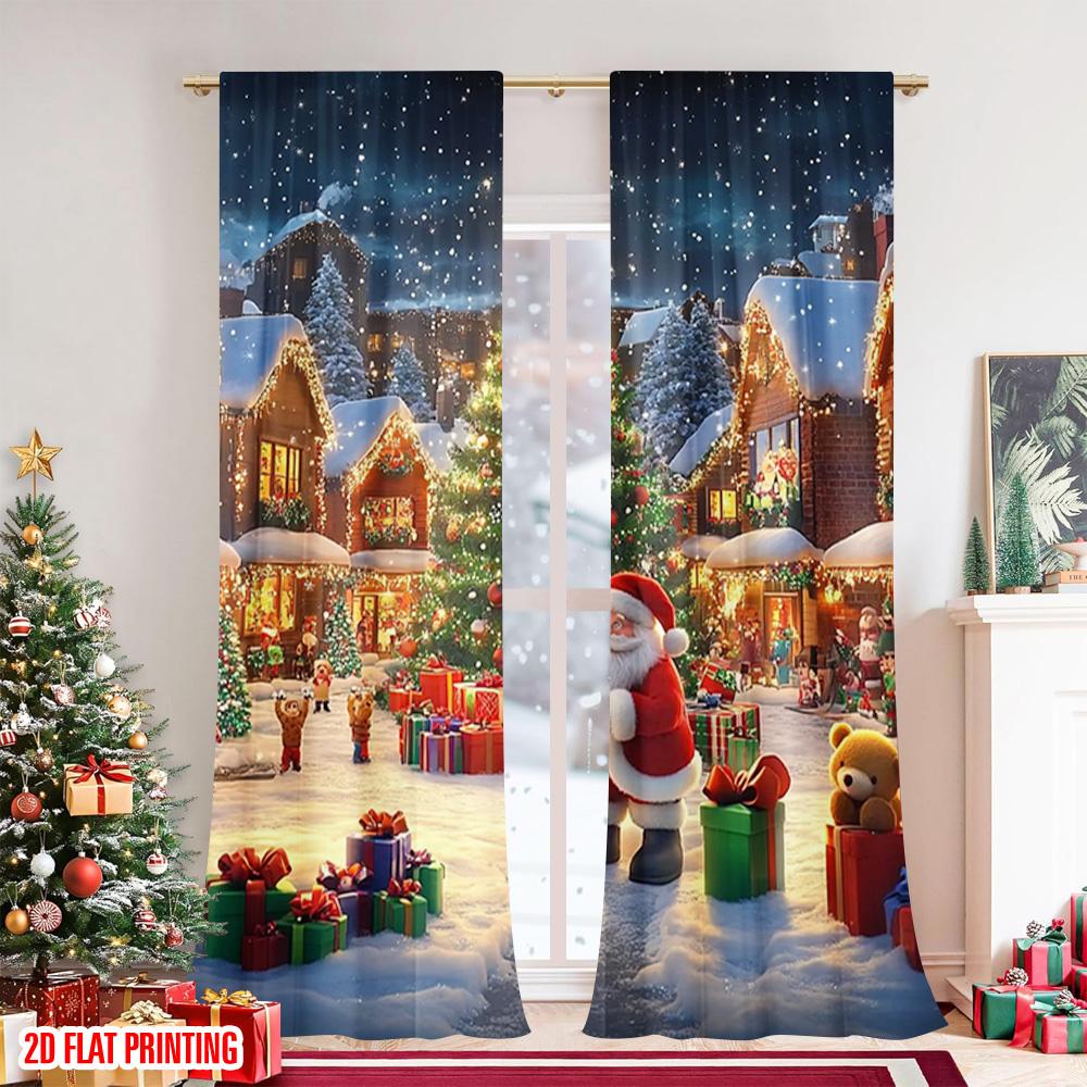 Set Of 2 Flat Printing Christmas Curtain Village Versatile Durable Polyester Without Electricity Festive Holiday Use