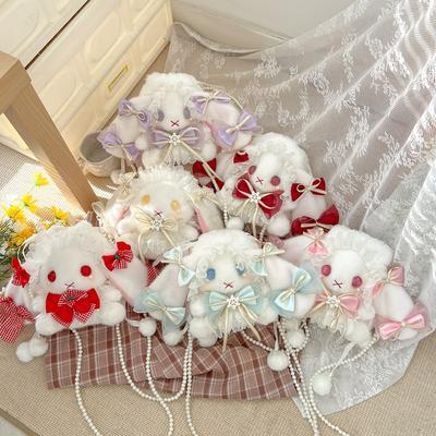 Lolita Cute Bow Rabbit Bag Big Ears Hairy Drawstring Bag Sweet Sister Pearl Chain Messenger Bag
