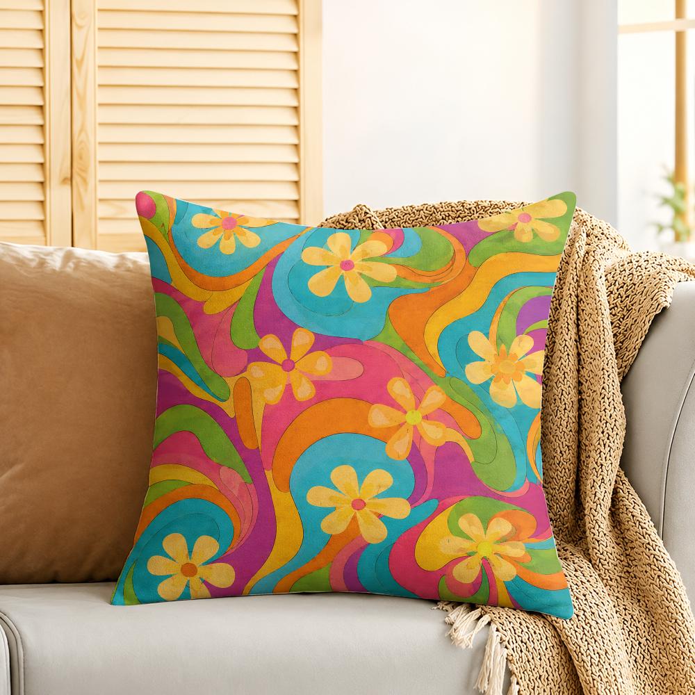 Groovy Retro Blumen Kissenbezug Seidiger Kurzer Plüsch Unsichtbarer Reißverschluss Staubdicht Sofakissenbezug Für Heimdekoration