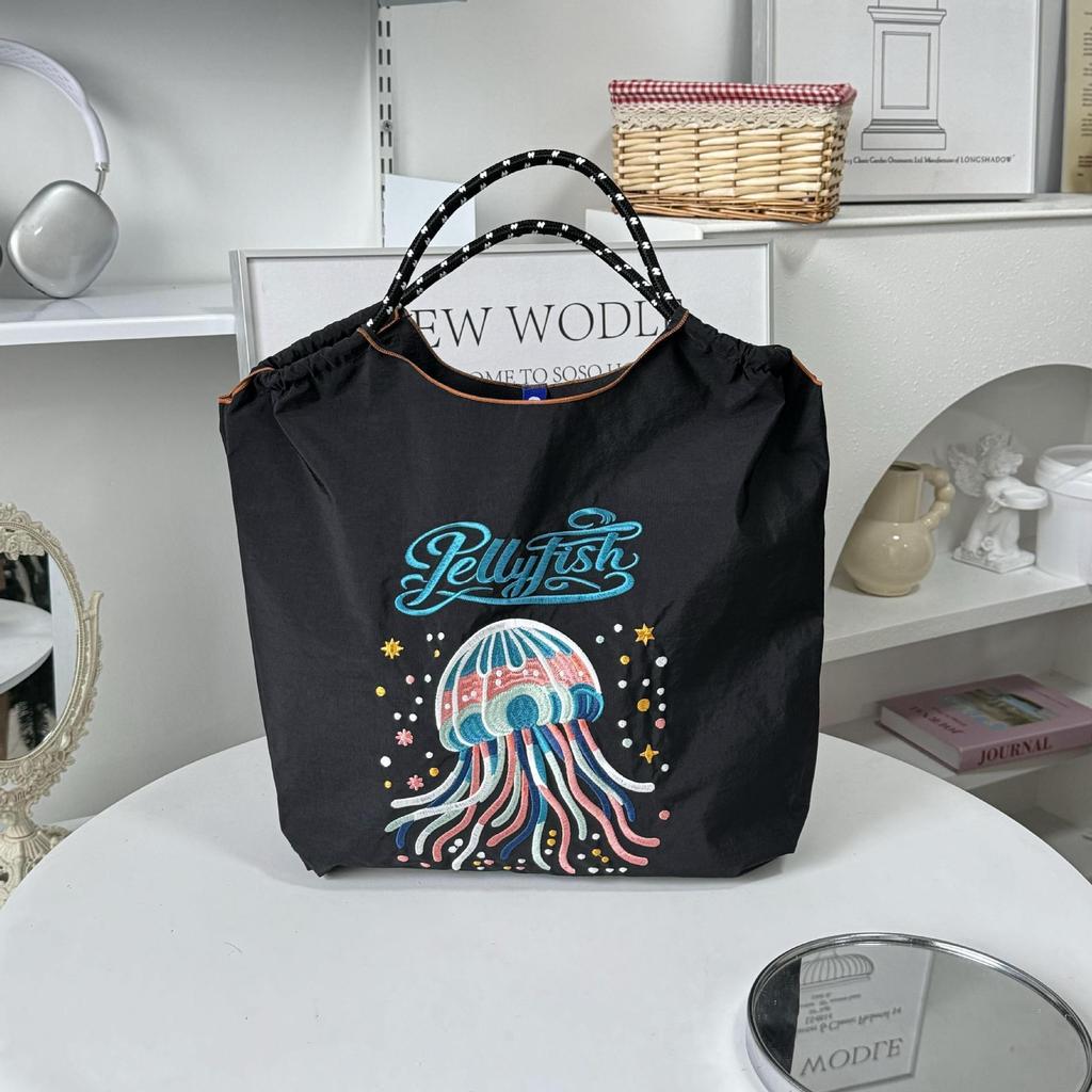 Japanese Style Handmade Waterproof Nylon Canvas Bag with Embroidered Patterns, Large Capacity