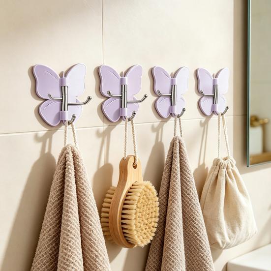 4PCS Butterfly Rotating Adhesive Hook, with 3 Swivel No Drill Wall Hook, Space Saving Adhesive Hook for Bathroom Kitchen Bedroom