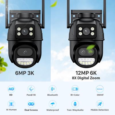 Kamera PTZ Wifi 12MP 6K 8-krotny zoom cyfrowy Zewnętrzna kamera monitorująca z dwoma ekranami Wifi Kamera z noktowizorem CCTV Kamera bezpieczeństwa IP ICSEE