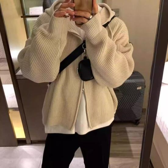 Men Fall Winter Sweater Coat Hooded Drawstring Loose Zipper Closure Long Sleeves Drawstring Mid Length Solid Color Retro Knitted Jacket