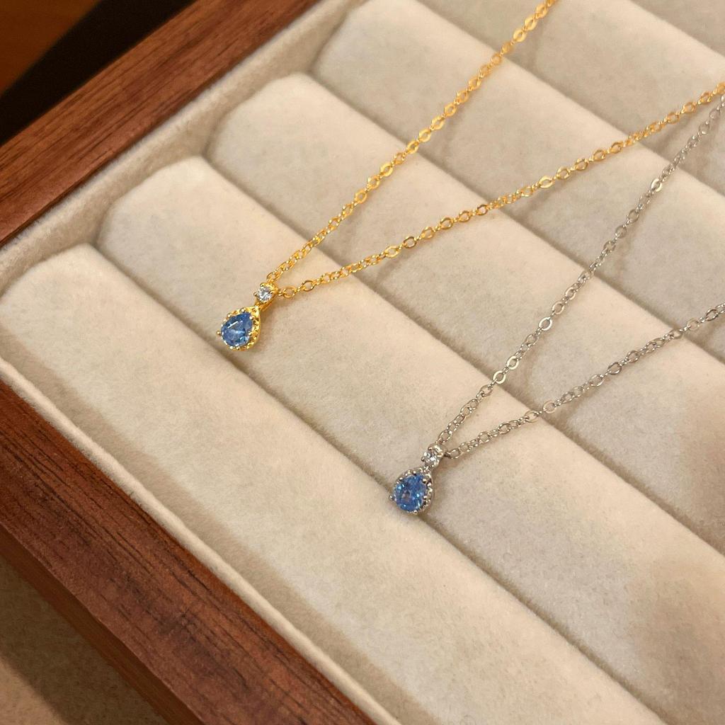 18K Gold-Plated Sterling Silver Necklace with Light Blue Zircon – Elegant Women's Clavicle Chain