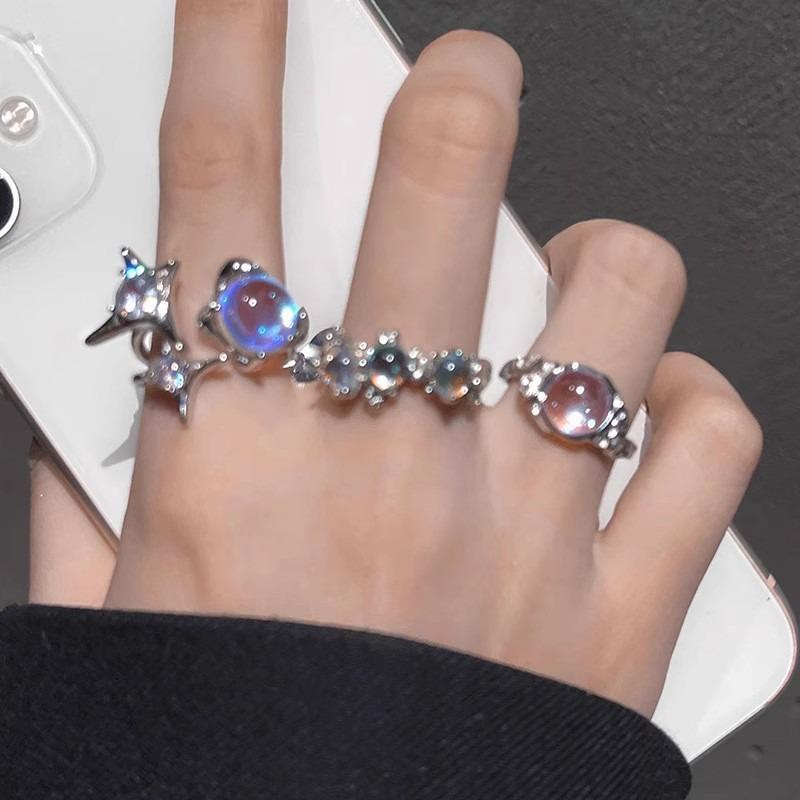 Crystal Moonstone Ring Women's Cold Wind Simple Open Index Finger Ring Niche Design Ring Gothic Style