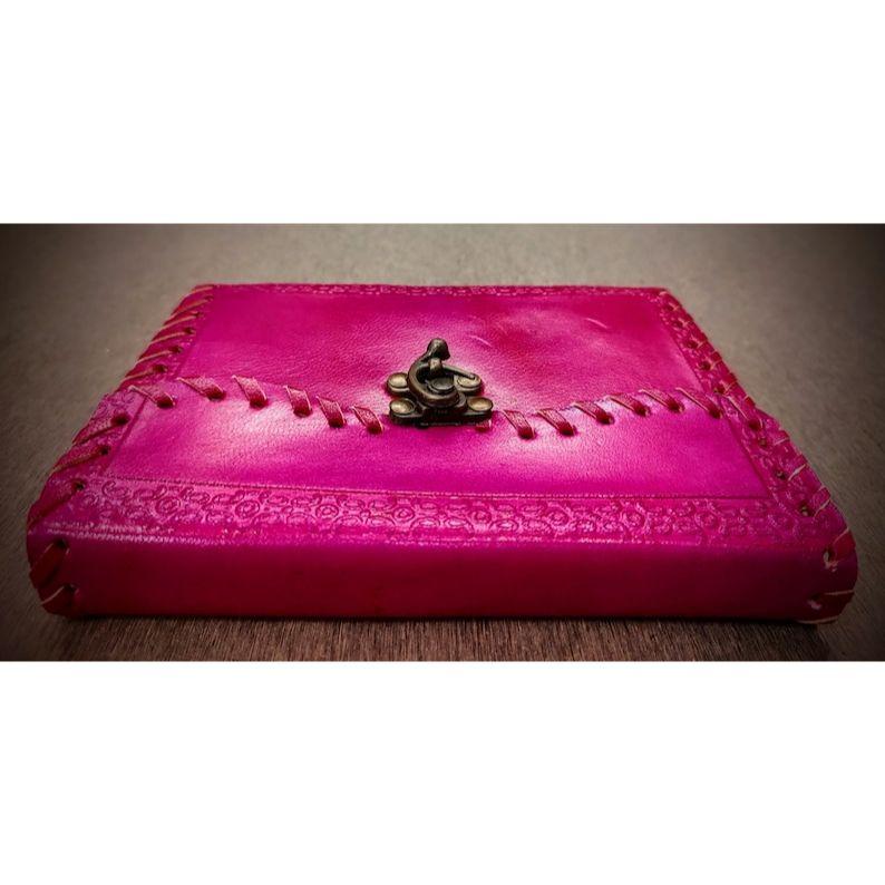 Pink Colored Handmade Leather Bound A5 Sized Journal - 200 Thick Unlined Recycled Refillable Pages - Unisex Hand Stitched Writing Notebook