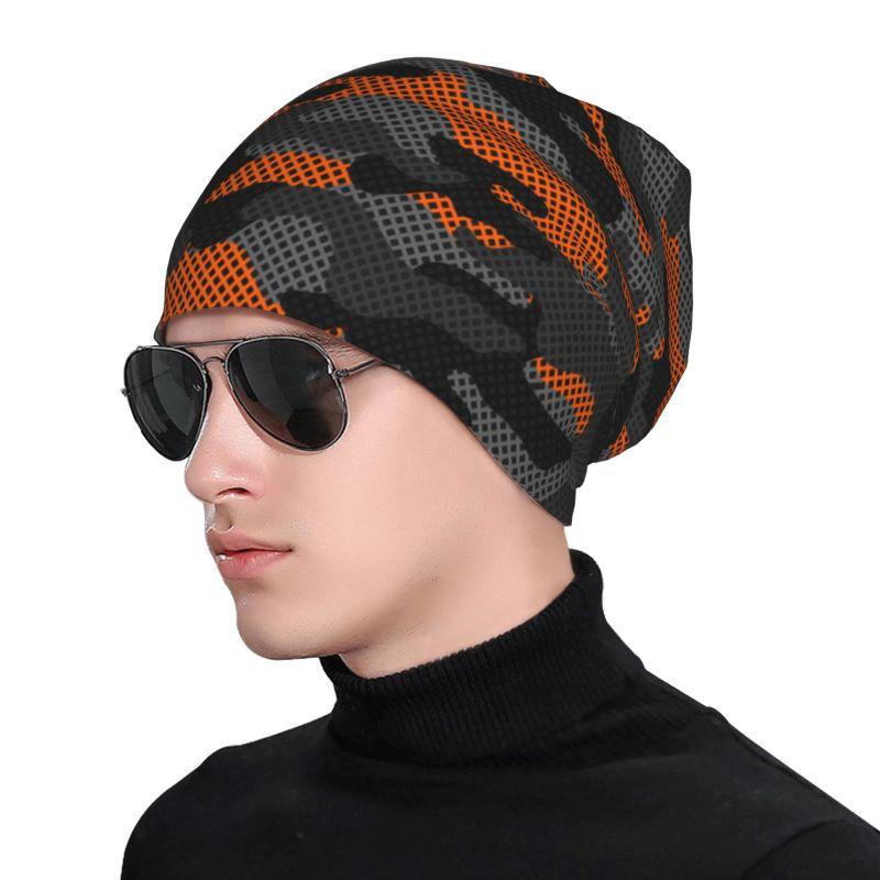 Black and Orange Camouflage Beanie Hat Warm Bonnet Cap Adults Knitted Hat Headwear Vintage Street Skullies Beanies for Women Men