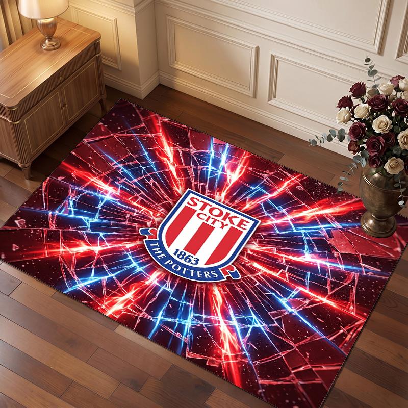 Stoke City Football Print Crystal Velvet Rug, Comfortable Water Absorbent Non Slip Indoor Floor Carpet