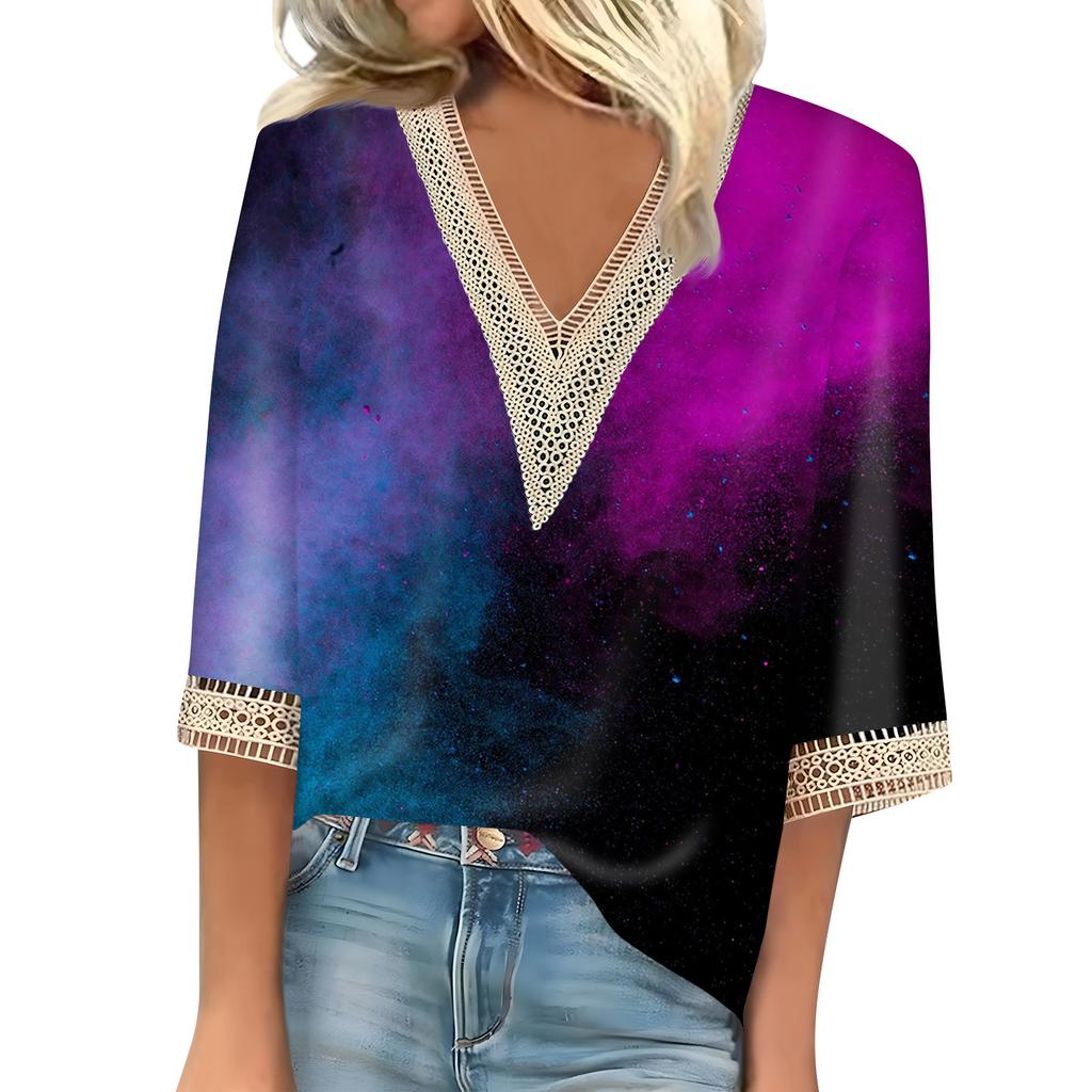 Blusa feminina casual solta, camisas, manga 3/4, acabamento em renda, estampa, decote em V, tops estampados, camisetas, camisetas