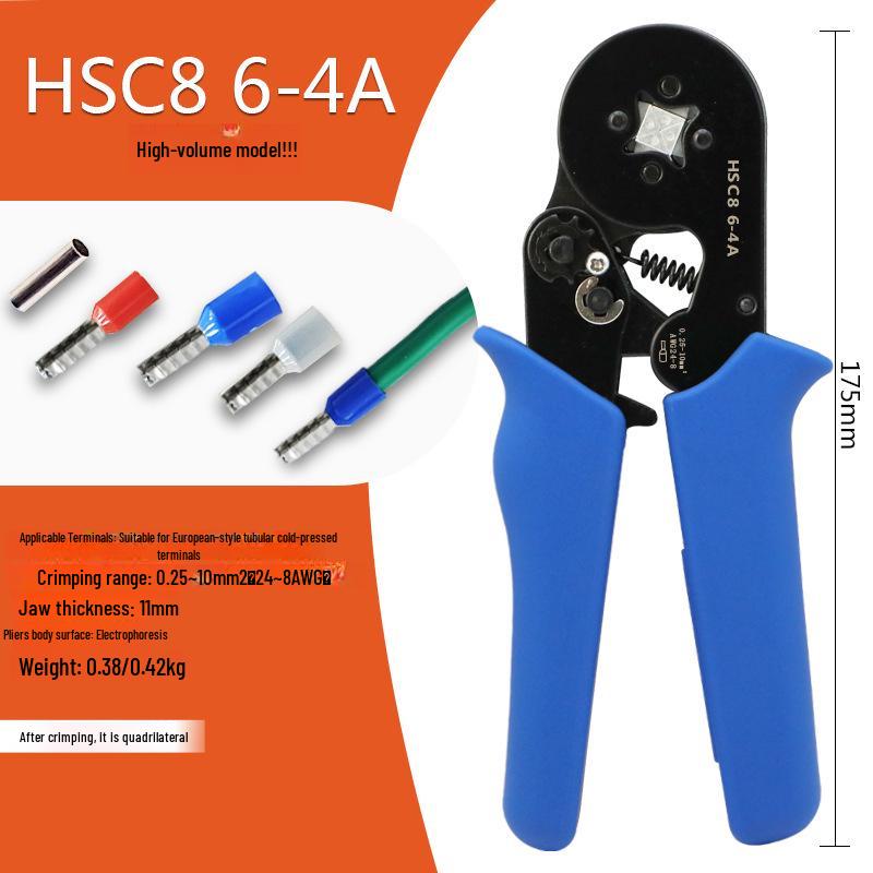 HSC8 6-4A Self-Adjusting Crimping Tool for VE Tube Terminals, 0.25-10mm Range, Quadrilateral Crimping.