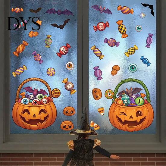 Cartoon Ghost Pumpkin Decals Halloween Window Cling Stickers, Candy Glass Decals, Self-Adhesive Removable Party Supplies for Art Home Doors