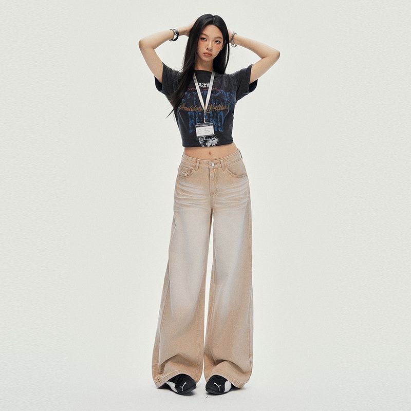 Spring Summer Washed Whisker Khaki Relaxed Straight Floor Wide Leg Denim Pants For Women Casual Pants Oversize Denim Trousers