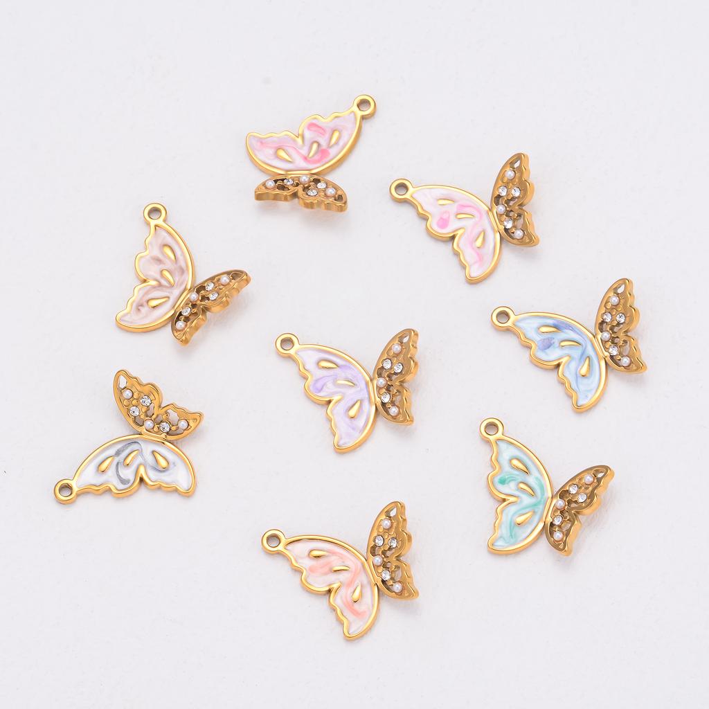 Wholesale 4Pcs/lot Crystal Butterfly Charms Stainless Steel Colorful Enamel Animal Pendant for DIY Necklace Making Supplies