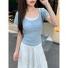 Small Front Shoulder Slim-fitting Spice Girl Top Summer New U-neck Fake Two Short-sleeved Niche Thin T-shirt Women