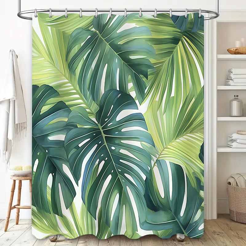 

Tropical Leaf Pattern Shower Curtain For Bathroom - Monstera Deliciosa Design Waterproof Bath Mat With Rust-Proof Hook W60H190(CM)-1 Pcs